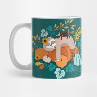 Sloths in pumpkin mood // spot // green background orange teal and aqua autumnal pumpkins fall leaves shepherd’s check yellow sunflowers Mug